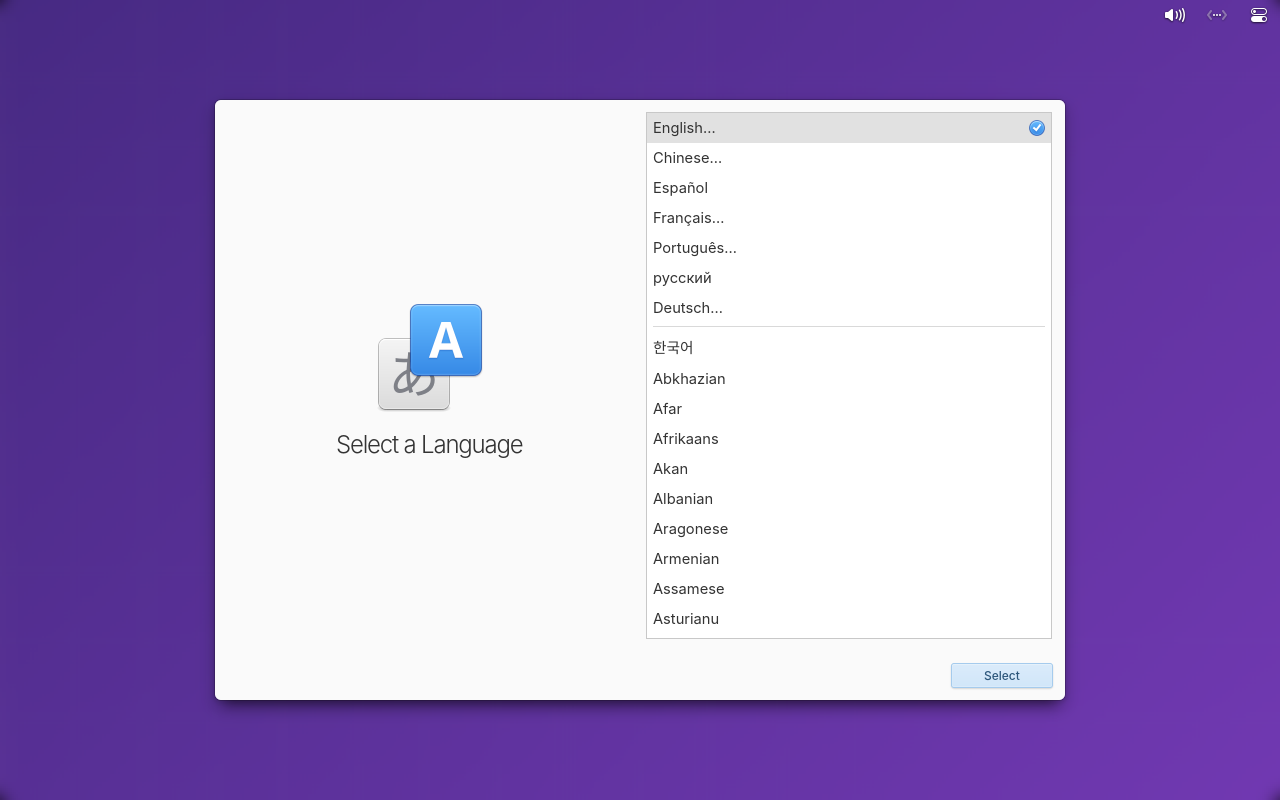 The corrected elementary OS 9 ARM64 ISO showing the installer language selection screen inside QEMU