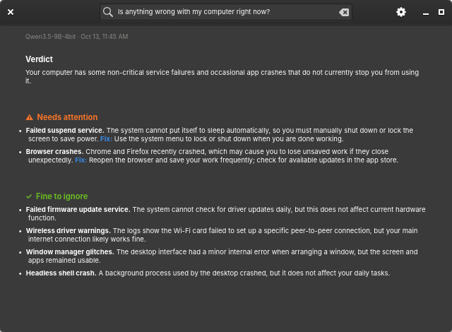Local Troubleshooter report in the dark theme