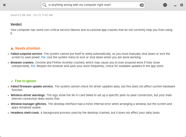 Local Troubleshooter report in the light theme, listing items that need attention and items safe to ignore