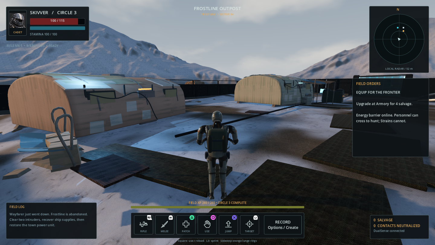 Actual Godot prototype: equipped ranger exploring the snowy outpost beside a habitat building and gated perimeter