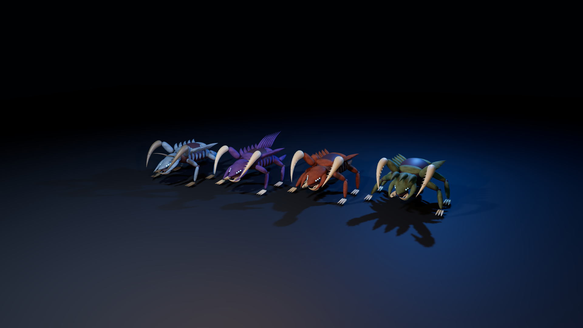 Actual prototype creature models: Frostling, Voltskitter, Emberclaw and Murkstrain in a Godot asset studio