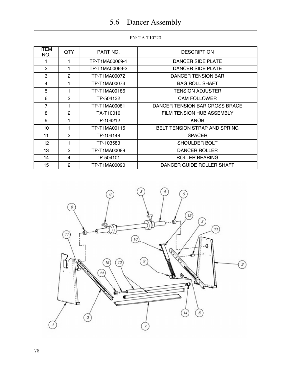 T-1000 dancer assembly exploded parts drawing