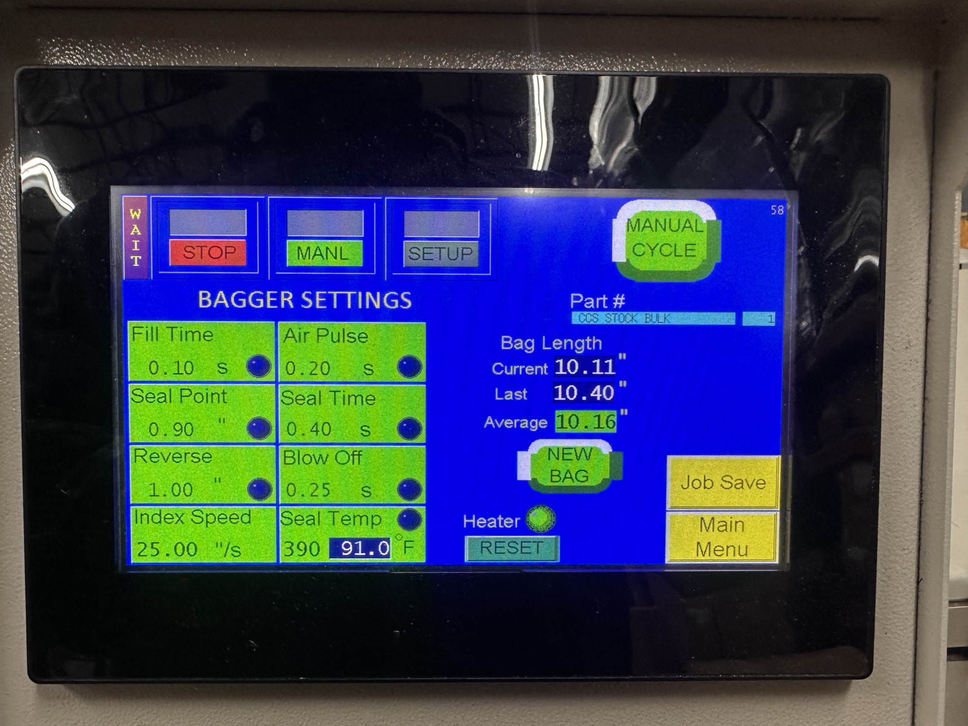 Our local Bagger Settings screen showing Wait at the upper left, Stop immediately to its right, and Manual Cycle at the upper right