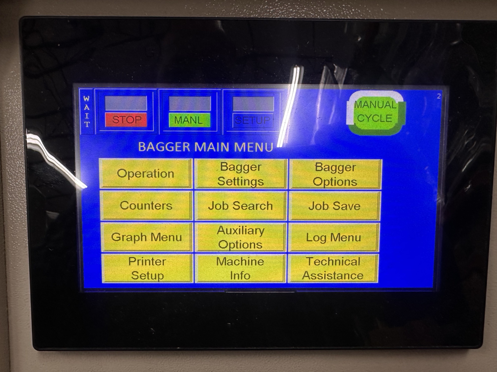 Our local Main Menu with Bagger Settings in the middle of the top menu row
