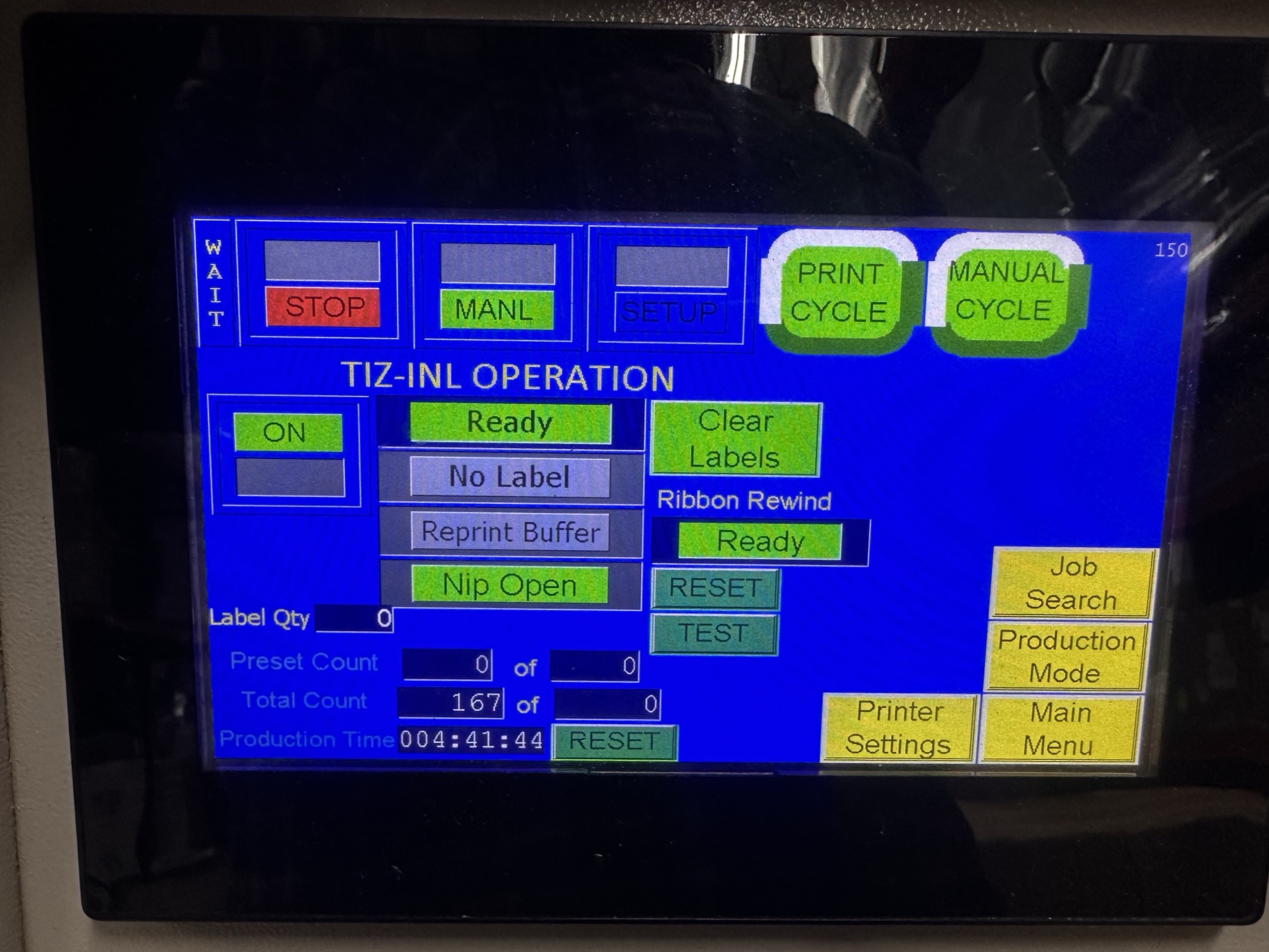 Our local Operation screen with Main Menu in the bottom-right corner